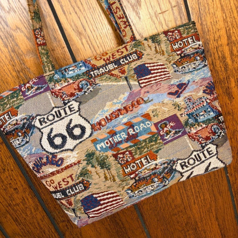 Vintage Route 66 Tapestry Tote Bag Womens OS Multi Americana Grandma Western 90s